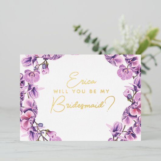 Wil je mijn bruidsmeisje zijn? paarse orchidee folie uitnodiging (Staand Voorkant)