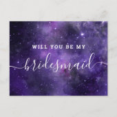 Wil je mijn bruidsmeisje zijn. Paarse ruimte bruil Uitnodiging Briefkaart (Voorkant)