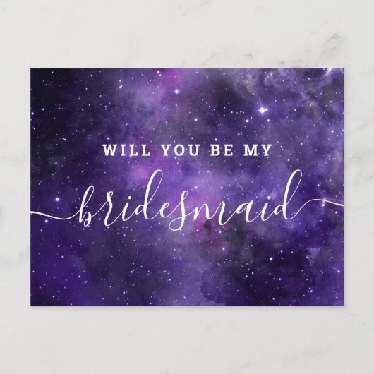 Wil je mijn bruidsmeisje zijn. Paarse ruimte bruil Uitnodiging Briefkaart (Voorkant)