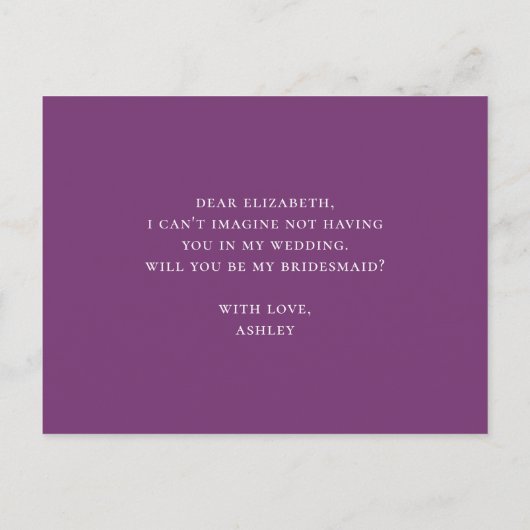 Wil je mijn bruidsmeisje zijn. Paarse violette blo Uitnodiging Briefkaart (Achterkant)