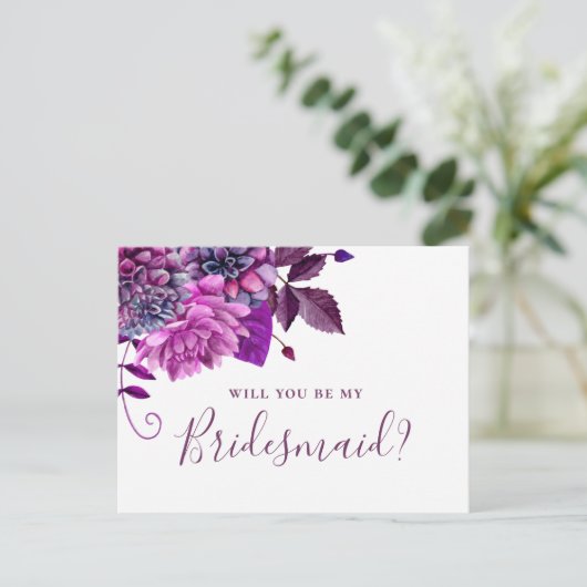 Wil je mijn bruidsmeisje zijn. Paarse violette blo Uitnodiging Briefkaart (Staand voorkant)