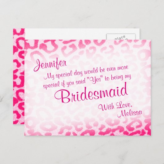 Wil je mijn bruidsmeisje zijn? Pink Leopard Uitnodiging Briefkaart (Voorkant / Achterkant)