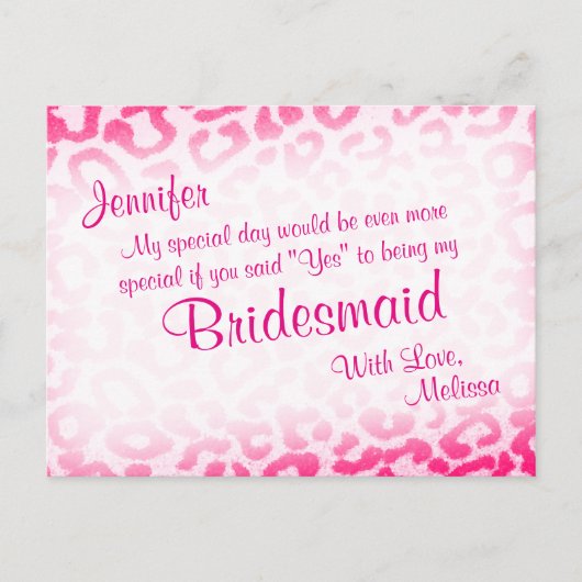 Wil je mijn bruidsmeisje zijn? Pink Leopard Uitnodiging Briefkaart (Voorkant)