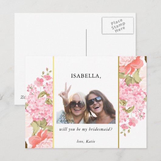 Wil je mijn bruidsmeisje zijn | pioenen en hortens uitnodiging briefkaart (Voorkant / Achterkant)