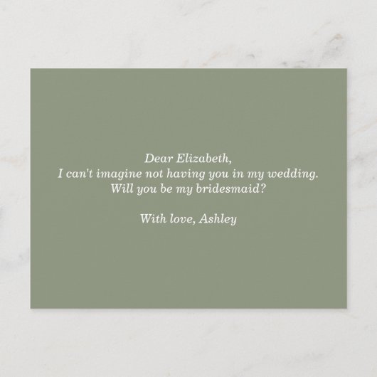 Wil je mijn bruidsmeisje zijn. Sage groen script Uitnodiging Briefkaart (Achterkant)