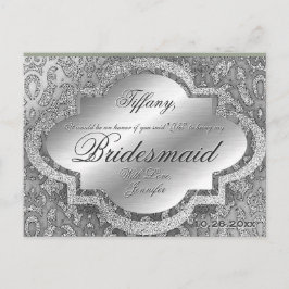 Wil je mijn bruidsmeisje zijn? Silver Damask Uitnodiging Briefkaart