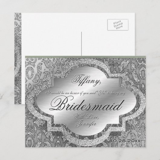 Wil je mijn bruidsmeisje zijn? Silver Damask Uitnodiging Briefkaart (Voorkant / Achterkant)