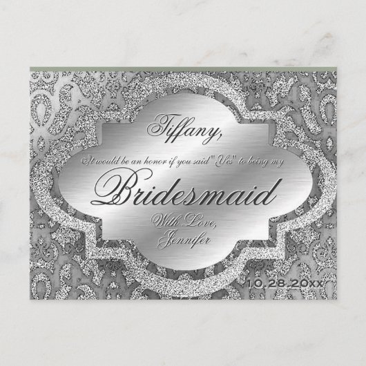 Wil je mijn bruidsmeisje zijn? Silver Damask Uitnodiging Briefkaart (Voorkant)