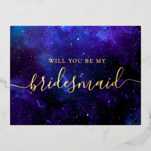 Wil je mijn bruidsmeisje zijn. Space navy goud sch Folie Uitnodiging Briefkaart