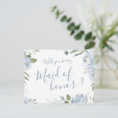 Wil je mijn bruidsmeisje zijn, stoffige blauwe blo kaart (Staand voorkant)