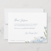 Wil je mijn bruidsmeisje zijn, stoffige blauwe blo kaart (Achterkant)