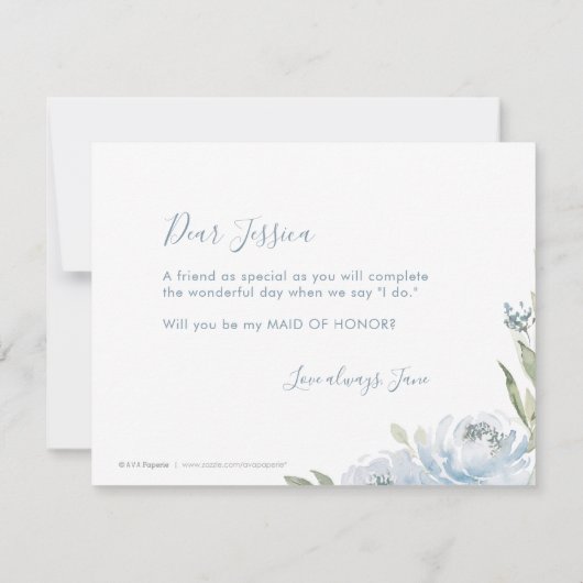 Wil je mijn bruidsmeisje zijn, stoffige blauwe blo kaart (Achterkant)