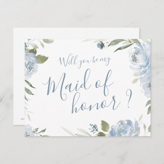 Wil je mijn bruidsmeisje zijn, stoffige blauwe blo kaart (Voorkant / Achterkant)