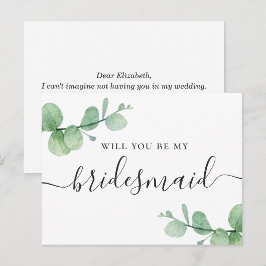 Wil je mijn bruidsmeisje zijn. Waterverf eucalyptu Uitnodiging Briefkaart (Voorkant / Achterkant)