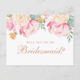 Wil je mijn bruidsmeisje zijn. Waterverf roze bloe Uitnodiging Briefkaart