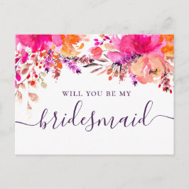 Wil je mijn bruidsmeisje zijn. Waterverf roze bloe Uitnodiging Briefkaart
