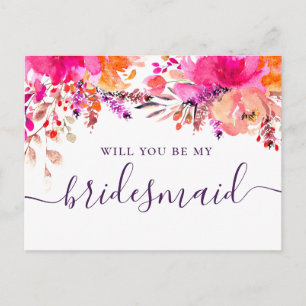 Wil je mijn bruidsmeisje zijn. Waterverf roze bloe Uitnodiging Briefkaart