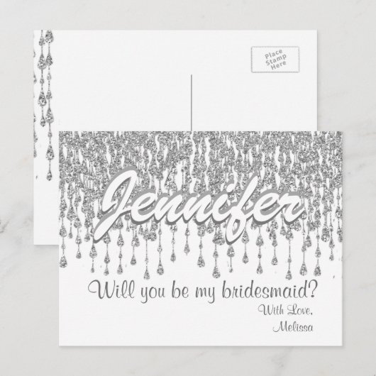 Wil je mijn bruidsmeisje zijn | Zilveren glitter l Uitnodiging Briefkaart (Voorkant / Achterkant)