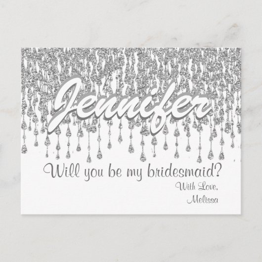 Wil je mijn bruidsmeisje zijn | Zilveren glitter l Uitnodiging Briefkaart (Voorkant)
