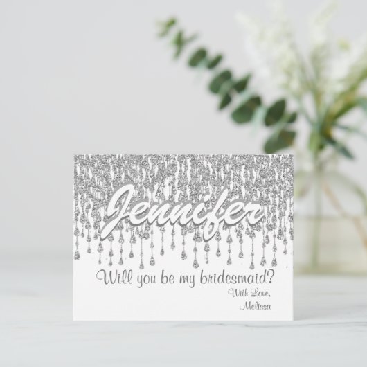 Wil je mijn bruidsmeisje zijn | Zilveren glitter l Uitnodiging Briefkaart (Staand voorkant)