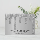 Wil je mijn bruidsmeisje zilveren glitter druppels save the date (Staand voorkant)