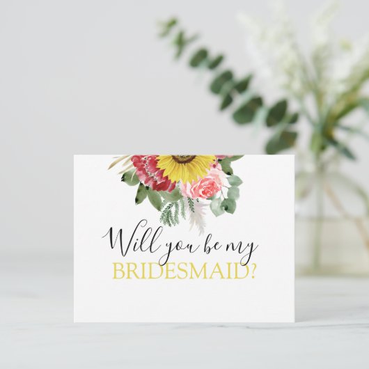 Wil je mijn bruidsmeisje zonnebloem eucalyptus zij aankondigingskaart (Staand voorkant)