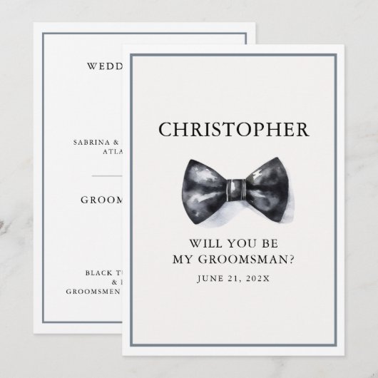 Wil je mijn groomsman zwart Waterverf boog Stropda Kaart (Voorkant / Achterkant)