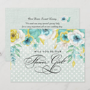 Wil je ons bloemenmeisje zijn? Mint Floral Burlap Kaart