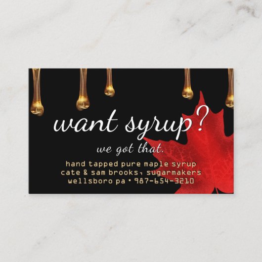 Wil je stroop? Dat hebben we! Amber Drips op zwart Visitekaartje (Voorkant)