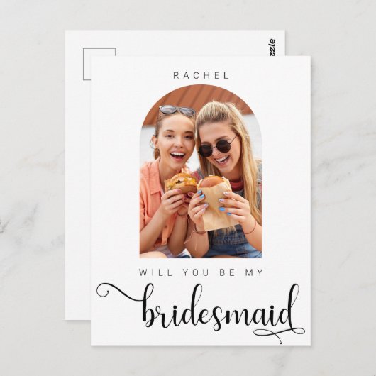 Wil jij mijn Bridesmaid Minimalist Photo Script zi Briefkaart (Voorkant / Achterkant)