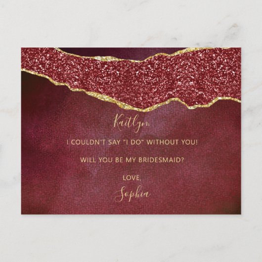 Wil jij mijn bruidsmeisje Bourgondië & Gold Agaat  Uitnodiging Briefkaart (Achterkant)