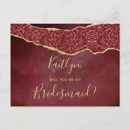 Wil jij mijn bruidsmeisje Bourgondië & Gold Agaat  Uitnodiging Briefkaart (Voorkant)