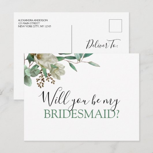 Wil jij mijn bruidsmeisje Magnolia Eucalyptus zijn Aankondigingskaart (Voorkant / Achterkant)