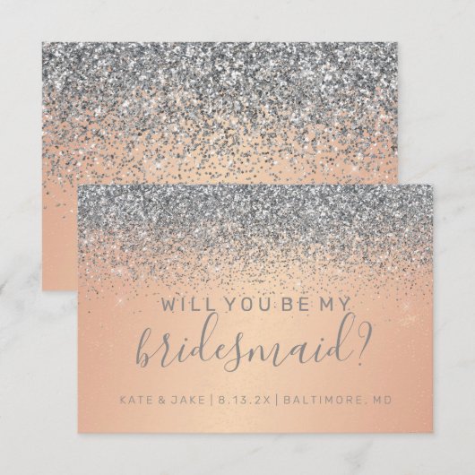 Wil jij mijn bruidsmeisje Silver Glitter Roos Gold Kaart (Voorkant / Achterkant)