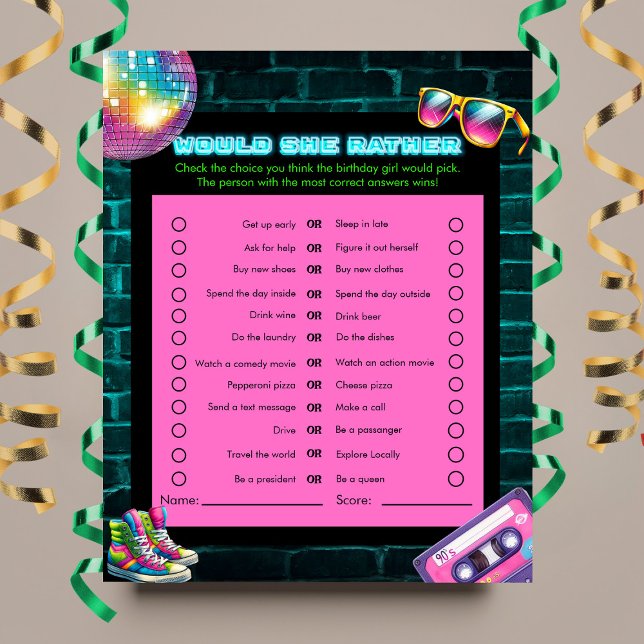 Wil ze liever? 90s Neon Disco Verjaardagsspel (Creator heeft geüpload)