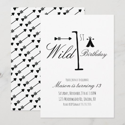Wild 1st Birthday Camp Tribal Black and White (Voorkant / Achterkant)