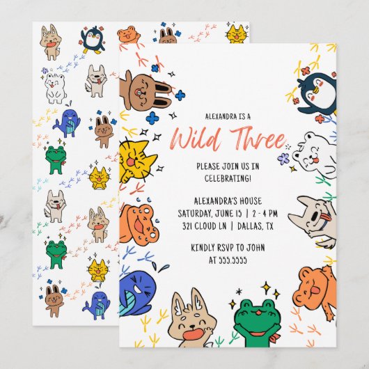 Wild 3 Leuke Dieren 1e Verjaardag Kinder Uitnodigi Kaart (Voorkant / Achterkant)