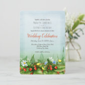 Wild aardbei weide blauwe lucht natuur bruiloft kaart (Staand voorkant)