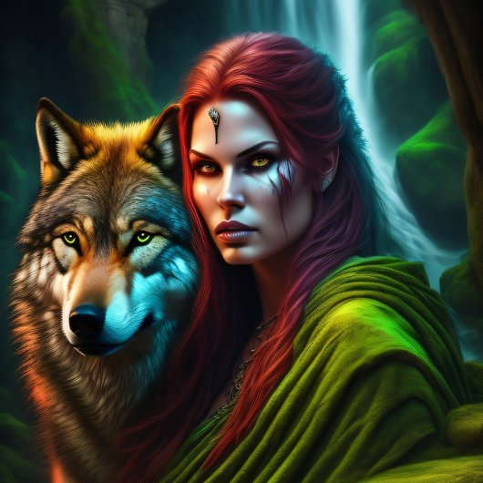 Wild Amazonian Woman and her Wolf Tissuepapier