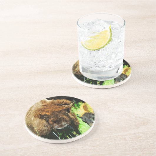 Wild American Bison met Calf Abstract Zandsteen Onderzetter (Zijkant)