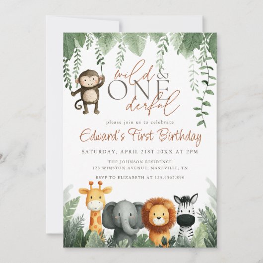 Wild And Onederful Jungle 1st Birthday Kaart (Voorkant)