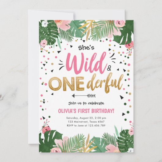 Wild and Onederful Safari Wild One Girl Birthday Kaart (Voorkant)