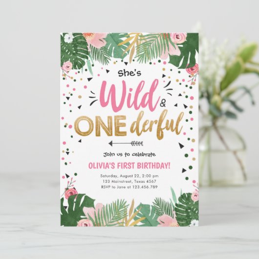 Wild and Onederful Safari Wild One Girl Birthday Kaart (Staand voorkant)