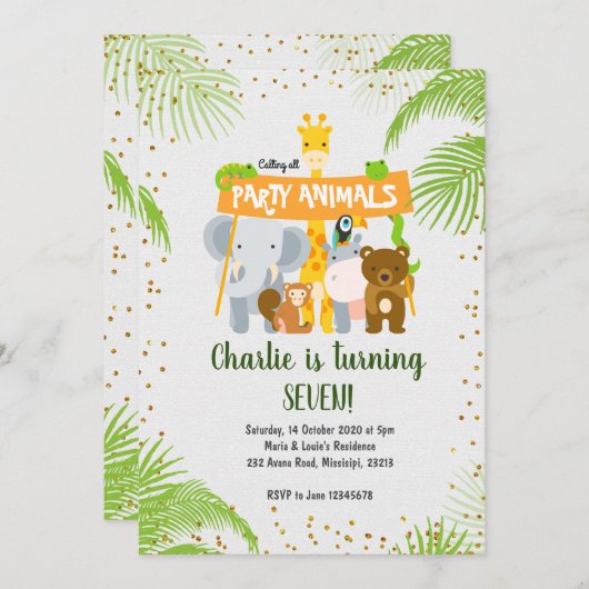 Wild Animal Oerwoud Safari Verjaardagsfeest Kaart (Voorkant / Achterkant)