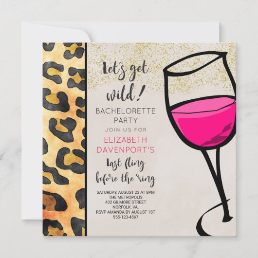 Wild Animal Print en Wine Glass Bachelorette Kaart (Voorkant)