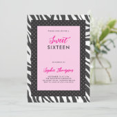 Wild Animal Zebra Hot Roze Zwart Wit Sweet 16 Kaart (Staand voorkant)