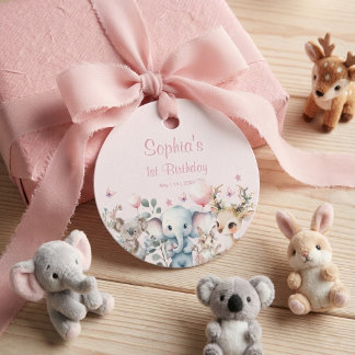 Wild Animals Cute Pink Watercolor Girl Birthday  Bedankjes Labels