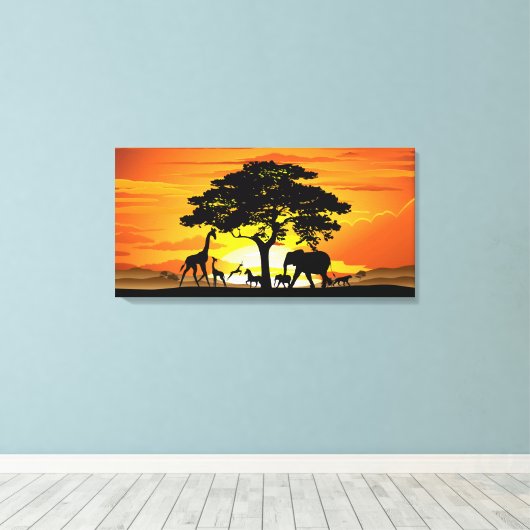 Wild Animals on African Savanna Sunset Canvas Afdruk (Insitu (Houten vloer))