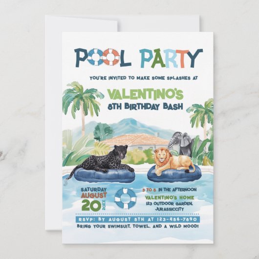 Wild Animals Pool Party Verjaardag Uitnodiging (Voorkant)