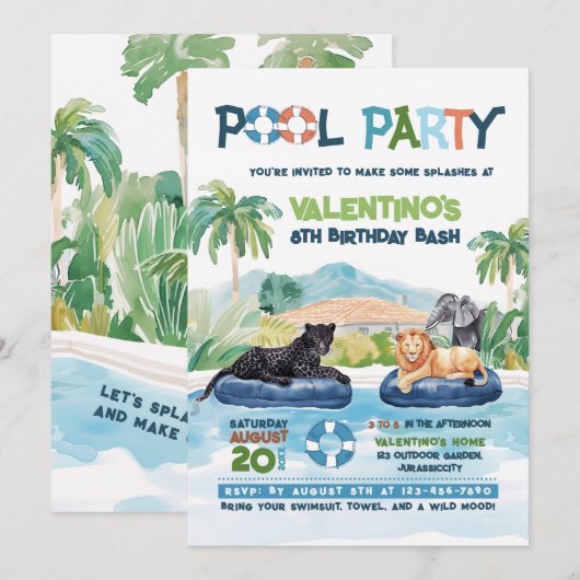 Wild Animals Pool Party Verjaardag Uitnodiging (Voorkant / Achterkant)